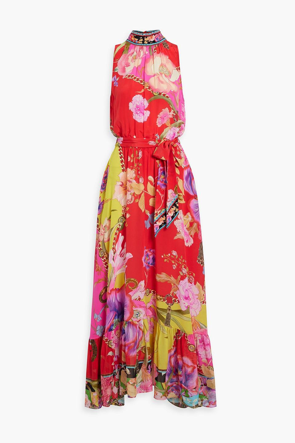 Crystal-embellished belted silk-crepe maxi dress