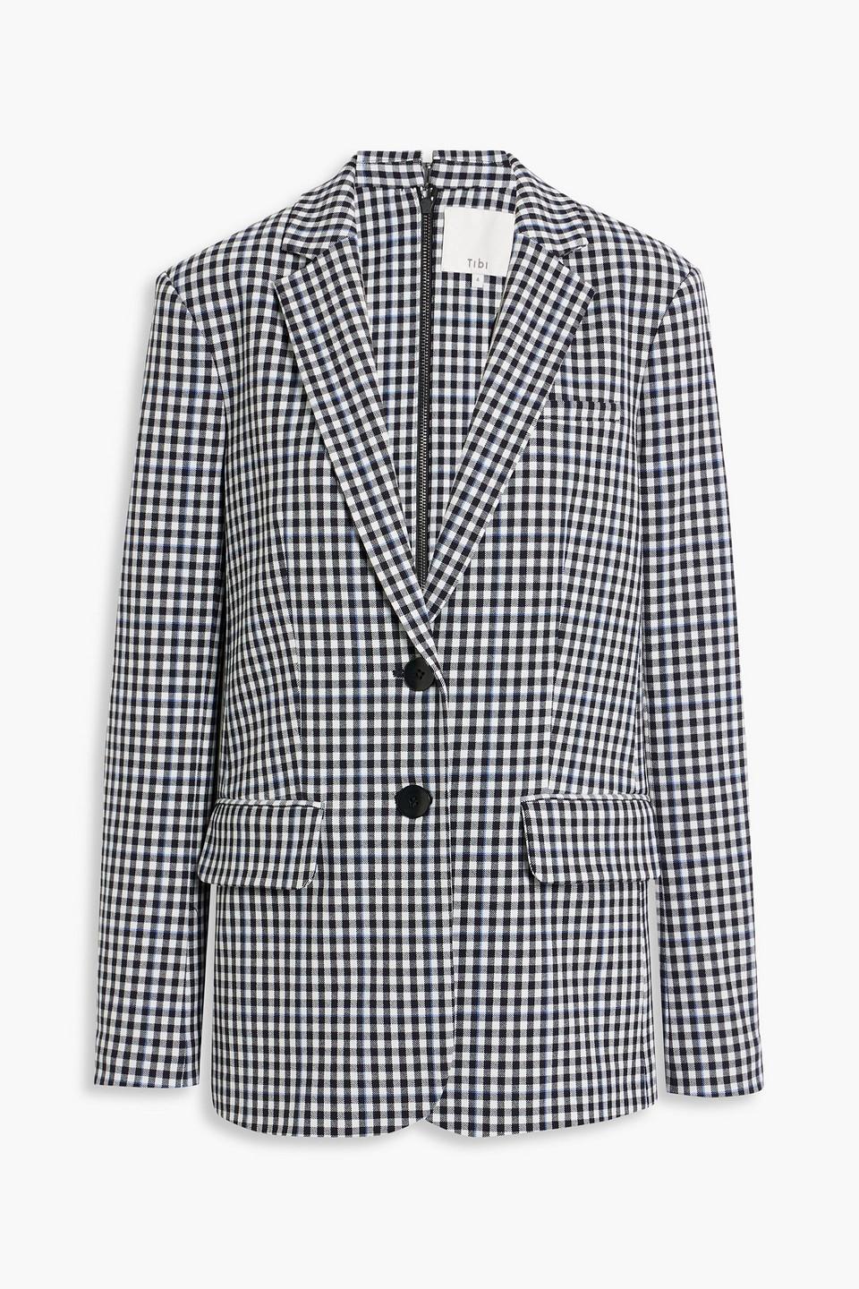 Zip-detailed gingham twill blazer