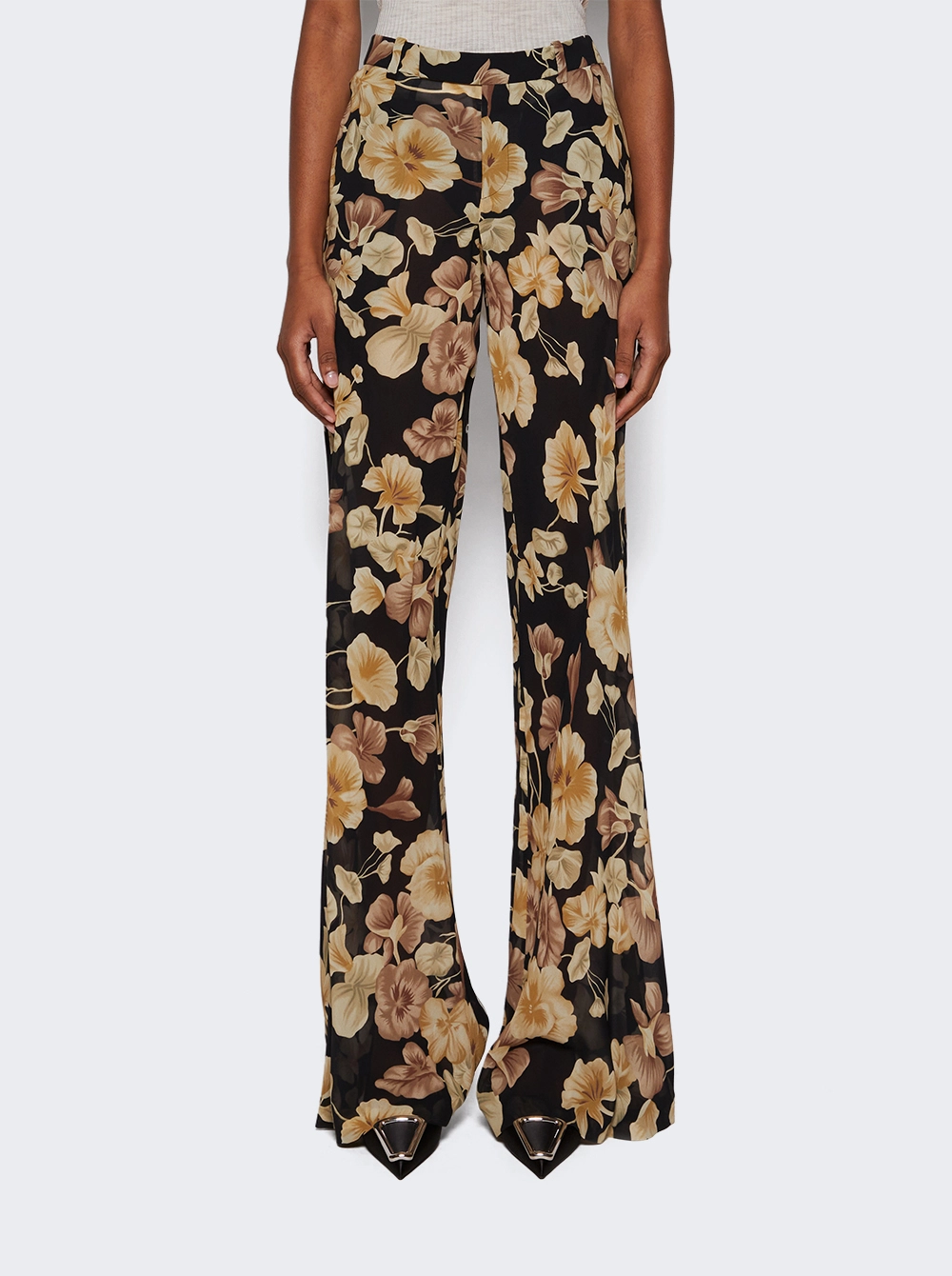 Flared Pants in Floral Silk Georgette Black and Beige