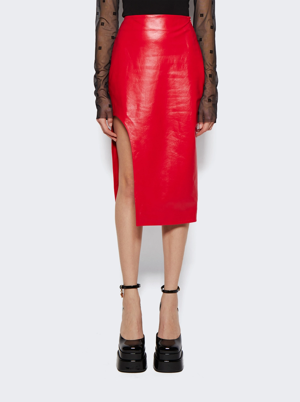 Midi Slit Leather Skirt Red