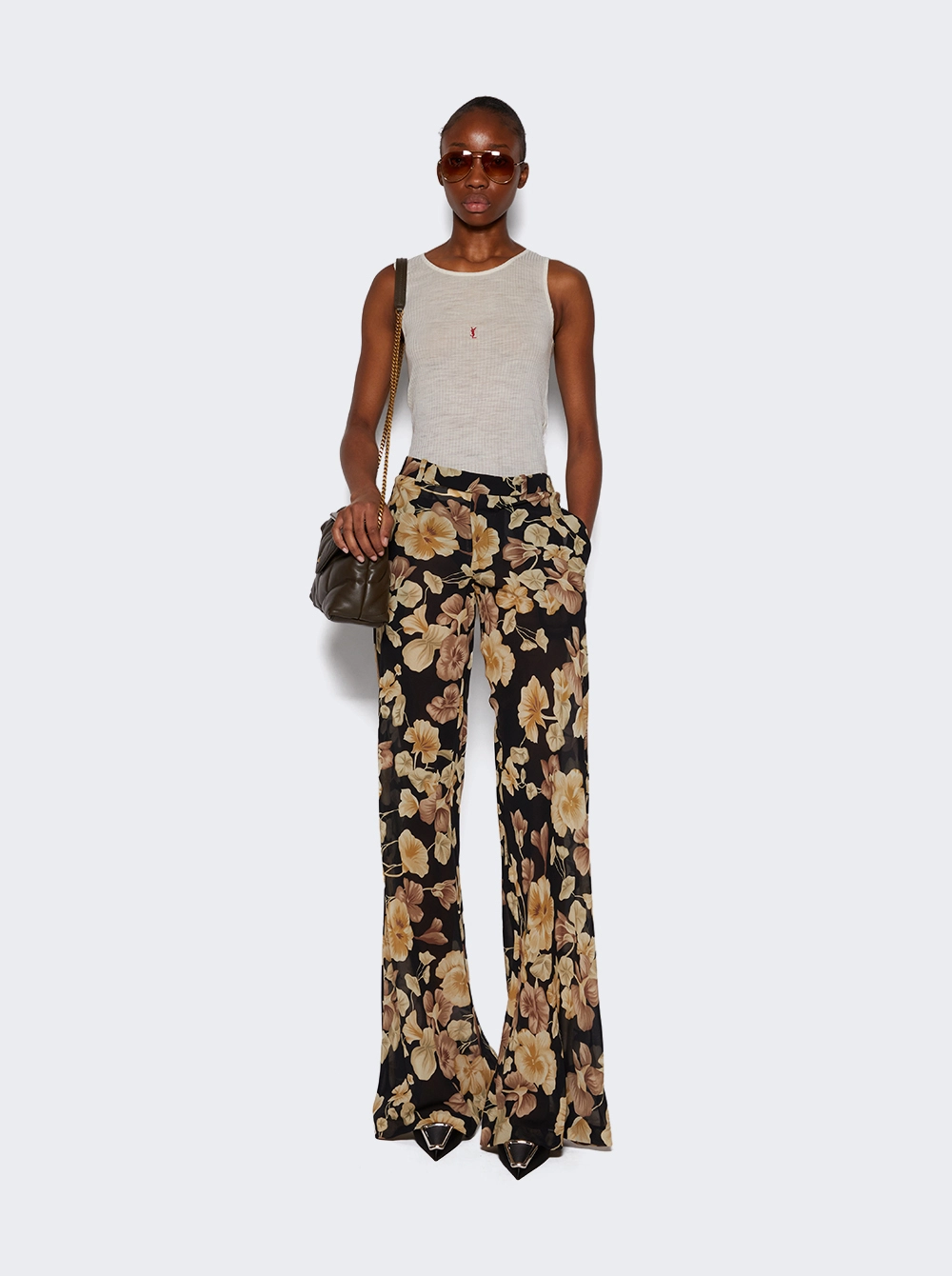 Flared Pants in Floral Silk Georgette Black and Beige