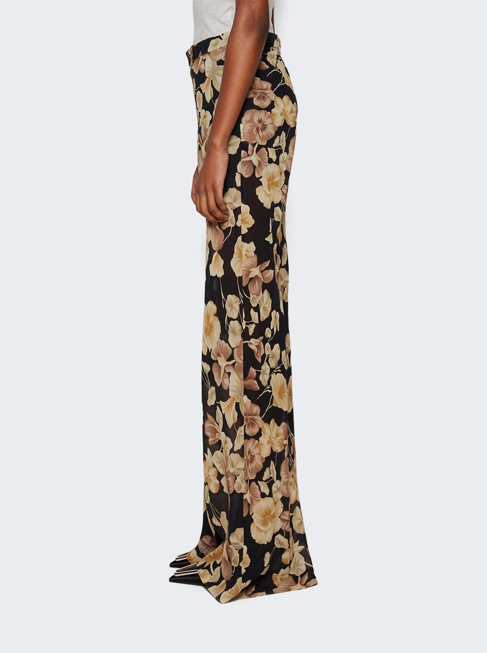 Flared Pants in Floral Silk Georgette Black and Beige