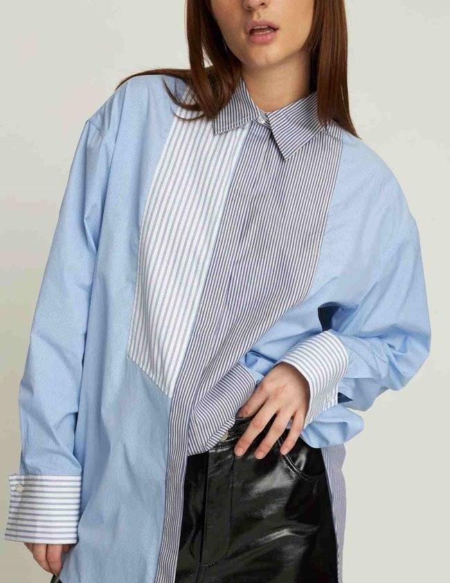 Combined Cotton Stripe Shirt - Blue