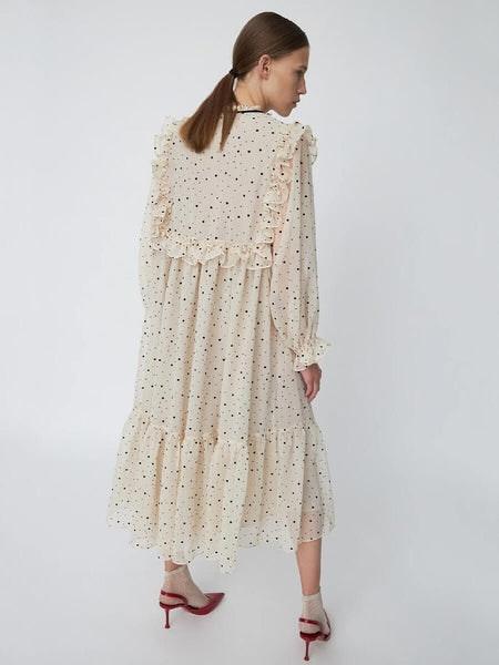 Creme and Black Midi Flock Printed Flounce Dress