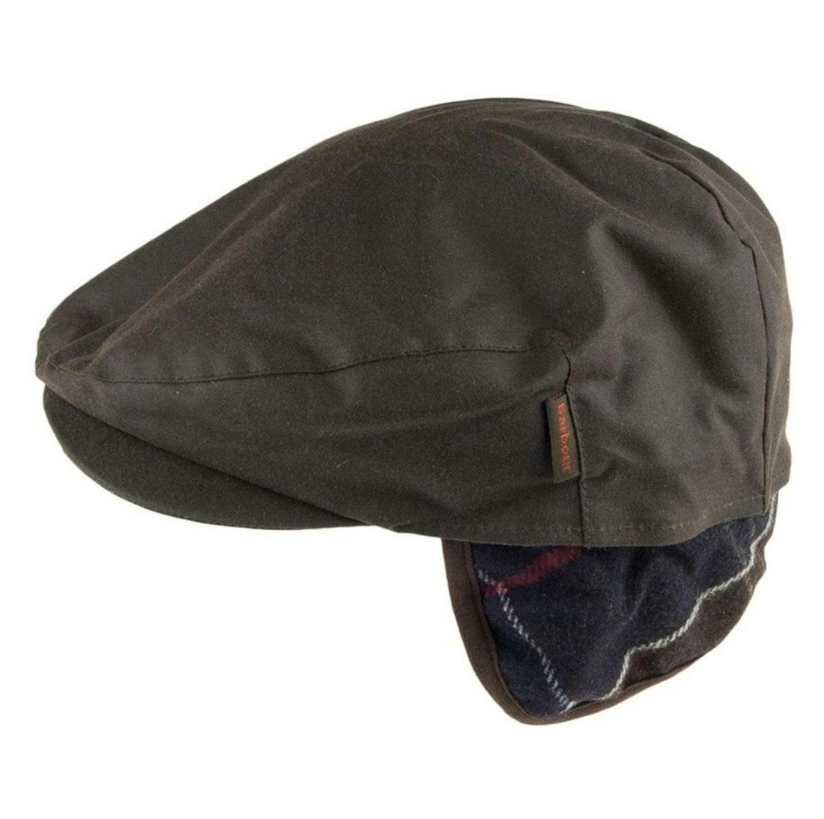 Cheviot Waxed Cotton Flat Cap With Tartan Earlaps Olive