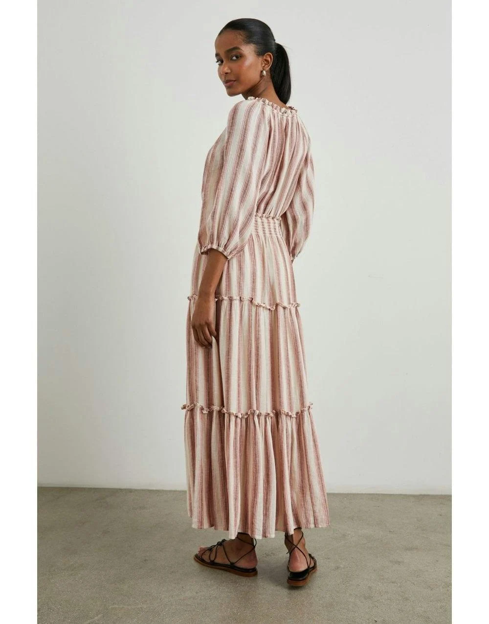 Caterine Multi Stripe Tie Neck Midi Dress Col: Pink Multi, Size: