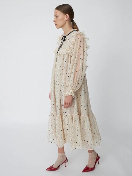 Creme and Black Midi Flock Printed Flounce Dress