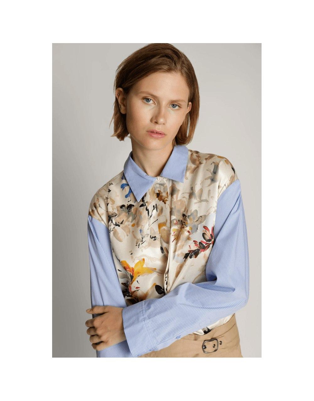 Munthe Morocco Floral Print Stripe Sleeve Shirt Col: Blue/cream Multi,