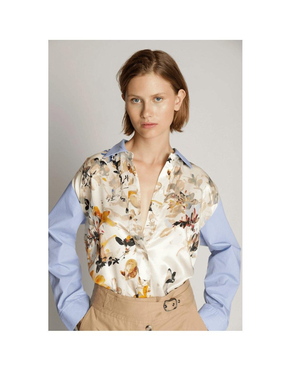 Munthe Morocco Floral Print Stripe Sleeve Shirt Col: Blue/cream Multi,