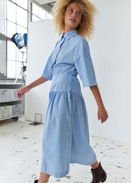 Striped Midi Dress - White Blue