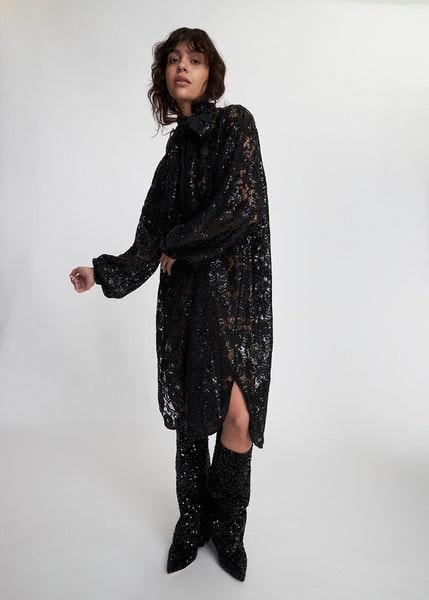 Lace Sequins Shirt Dress