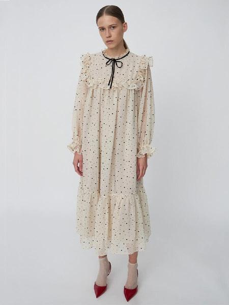 Creme and Black Midi Flock Printed Flounce Dress