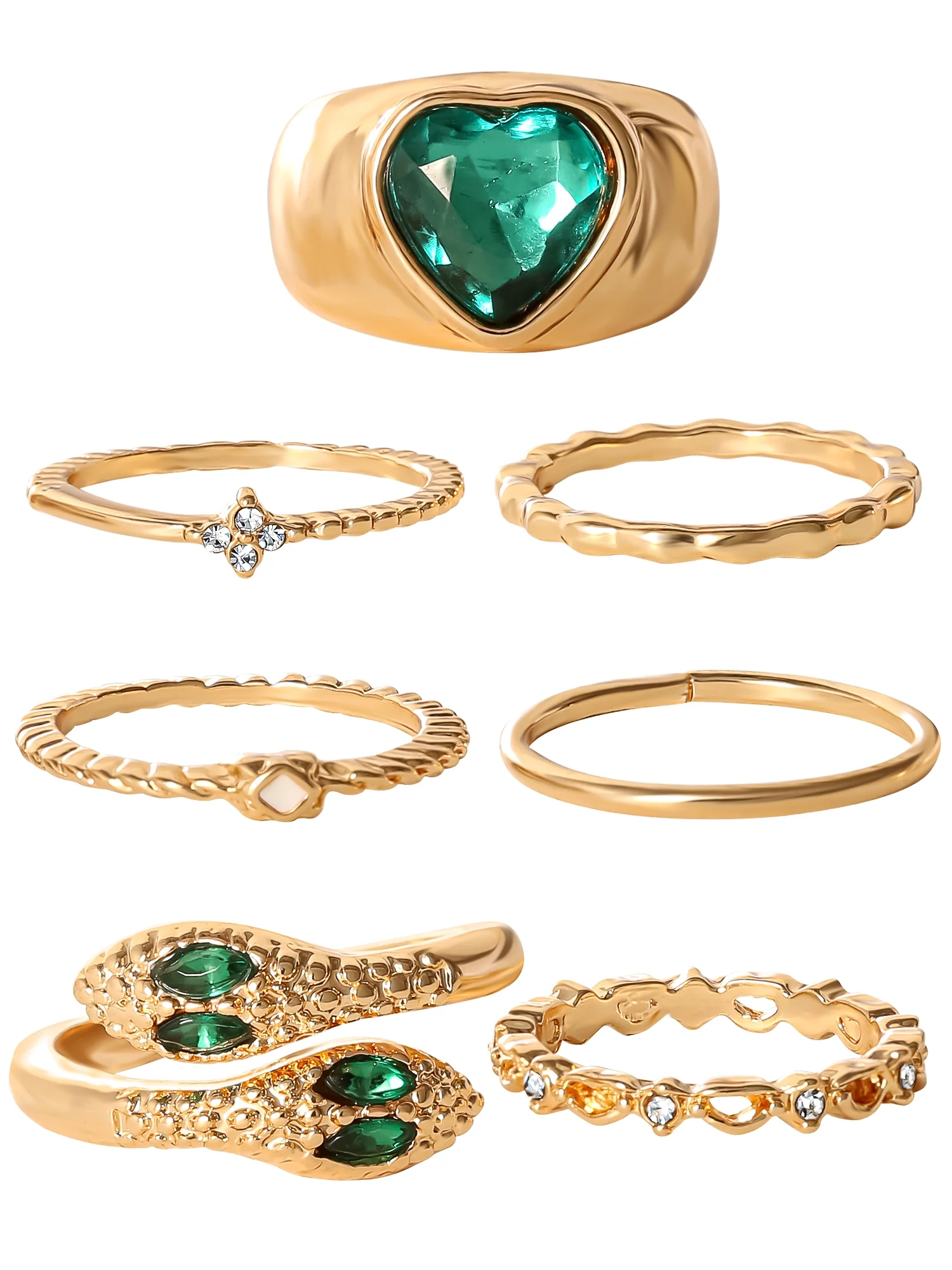 Jessica Simpson Ring Set, Set of 6 Gold Tone with Variety and Green Gemstones