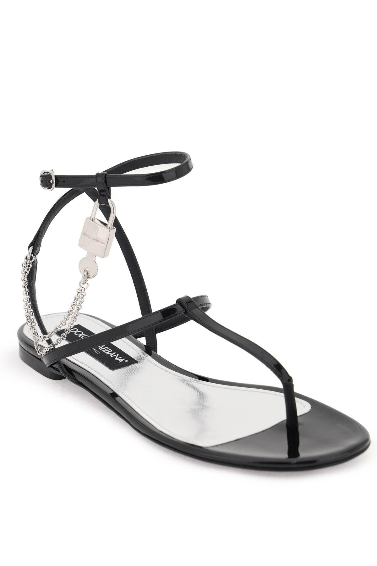 DOLCE & GABBANA Black Patent Leather Thong Sandals with Padlock for Women - SS24 Collection