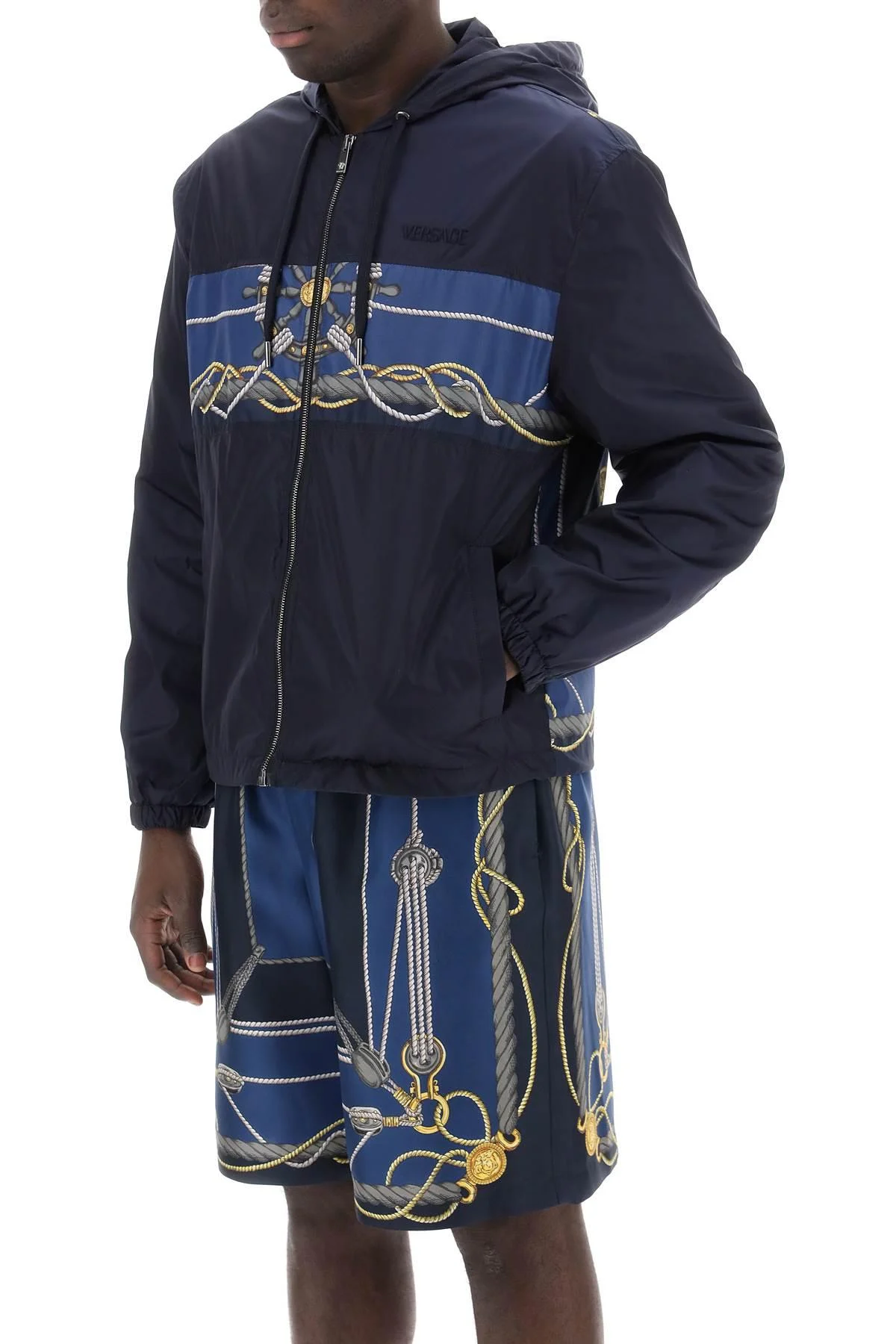 VERSACE Nautical Print Windproof Jacket with Hood for Men