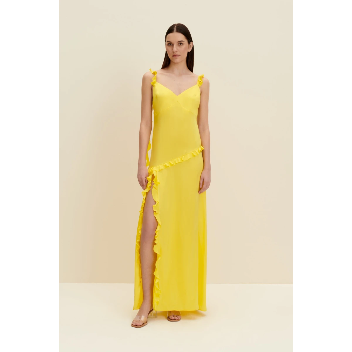 Ruffled Silk Maxi Dress In Lemon Yellow