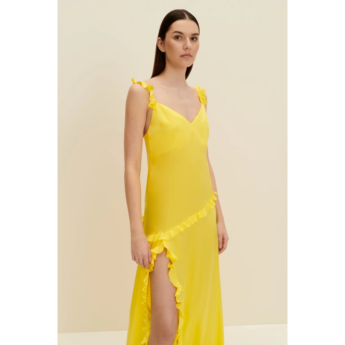 Ruffled Silk Maxi Dress In Lemon Yellow