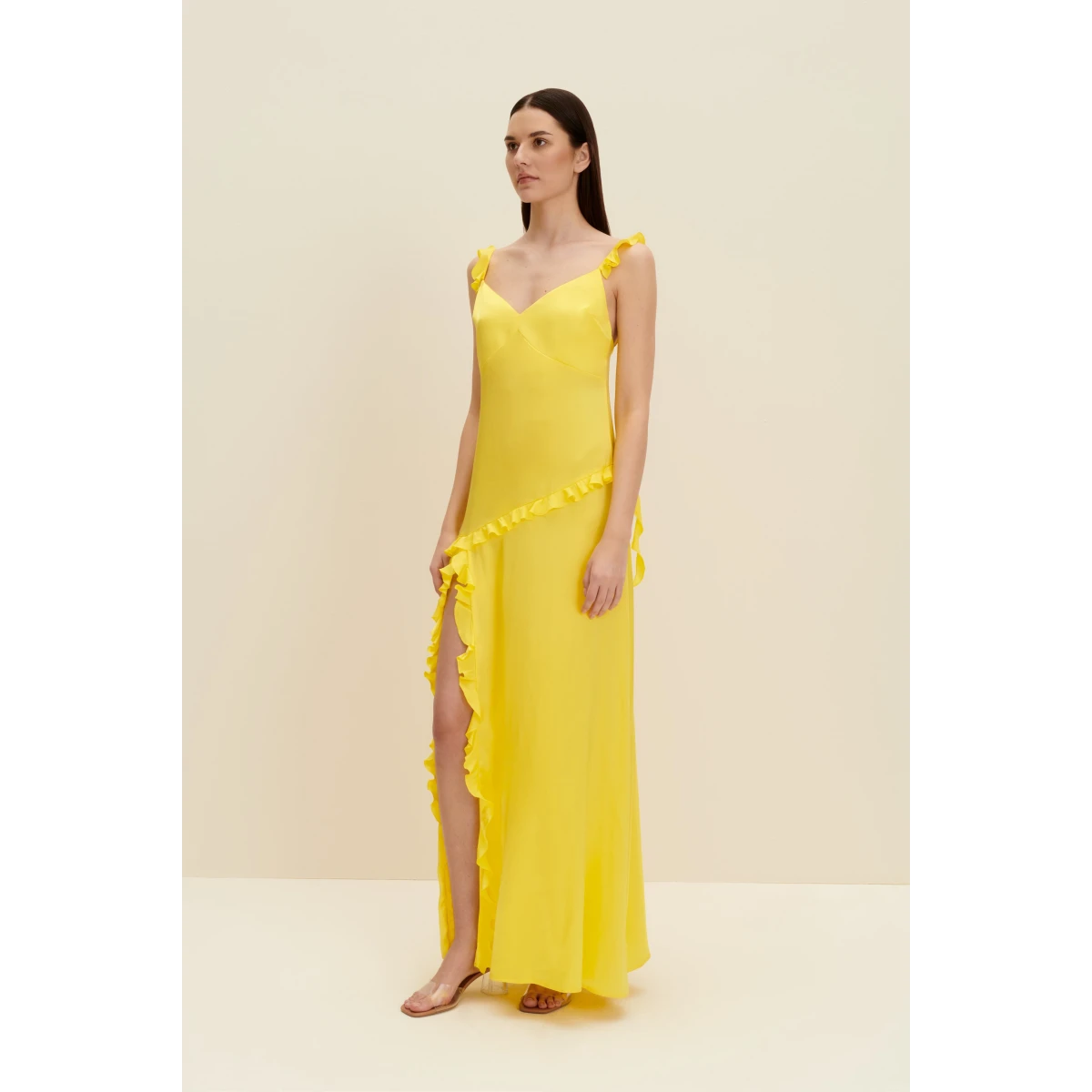 Ruffled Silk Maxi Dress In Lemon Yellow