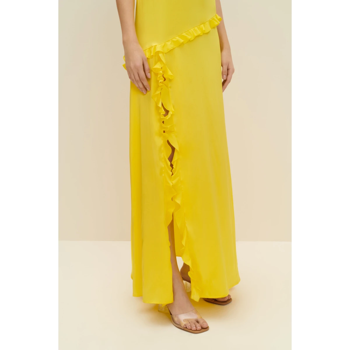 Ruffled Silk Maxi Dress In Lemon Yellow