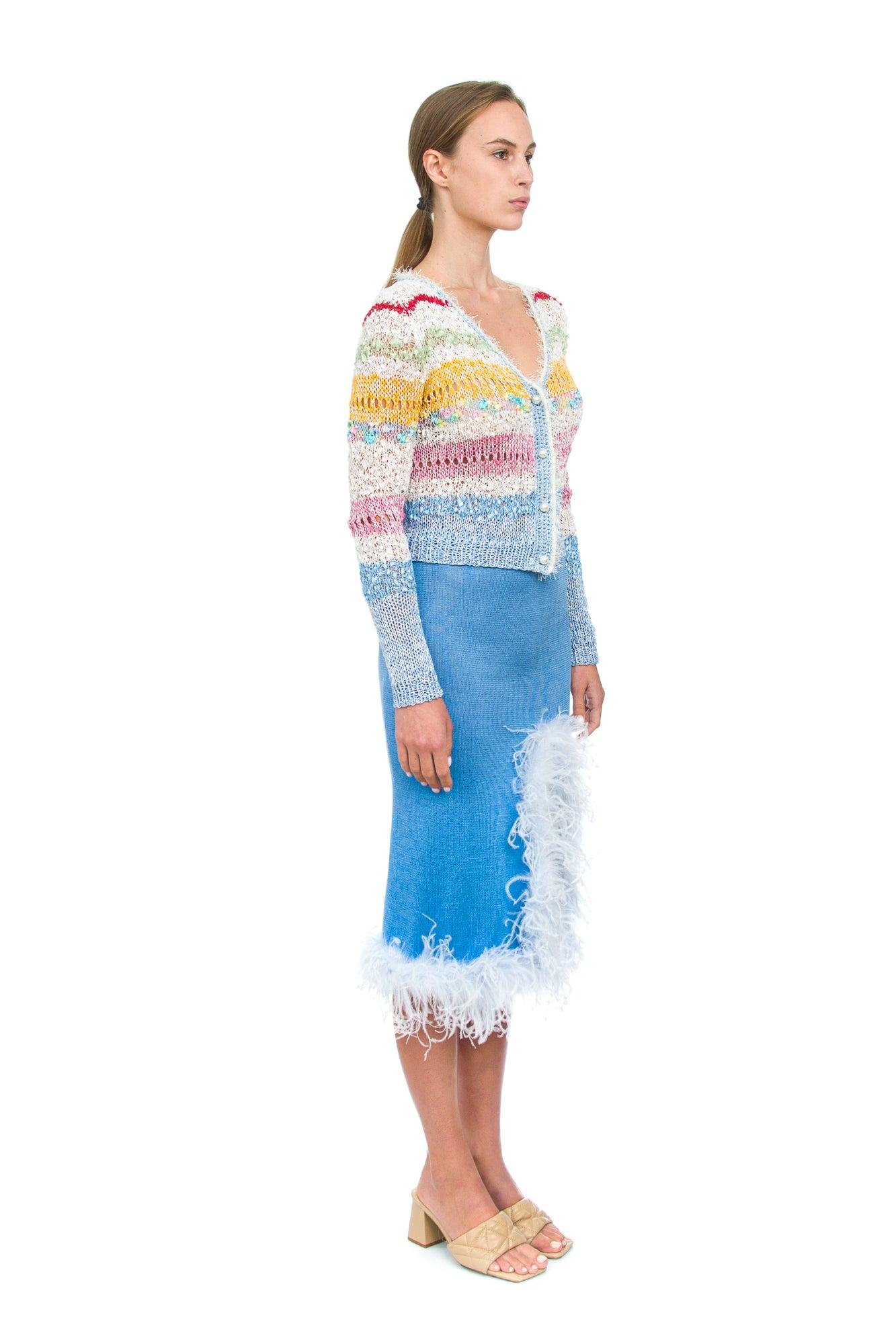 Blue Knit Skirt-Dress With faux feather Details