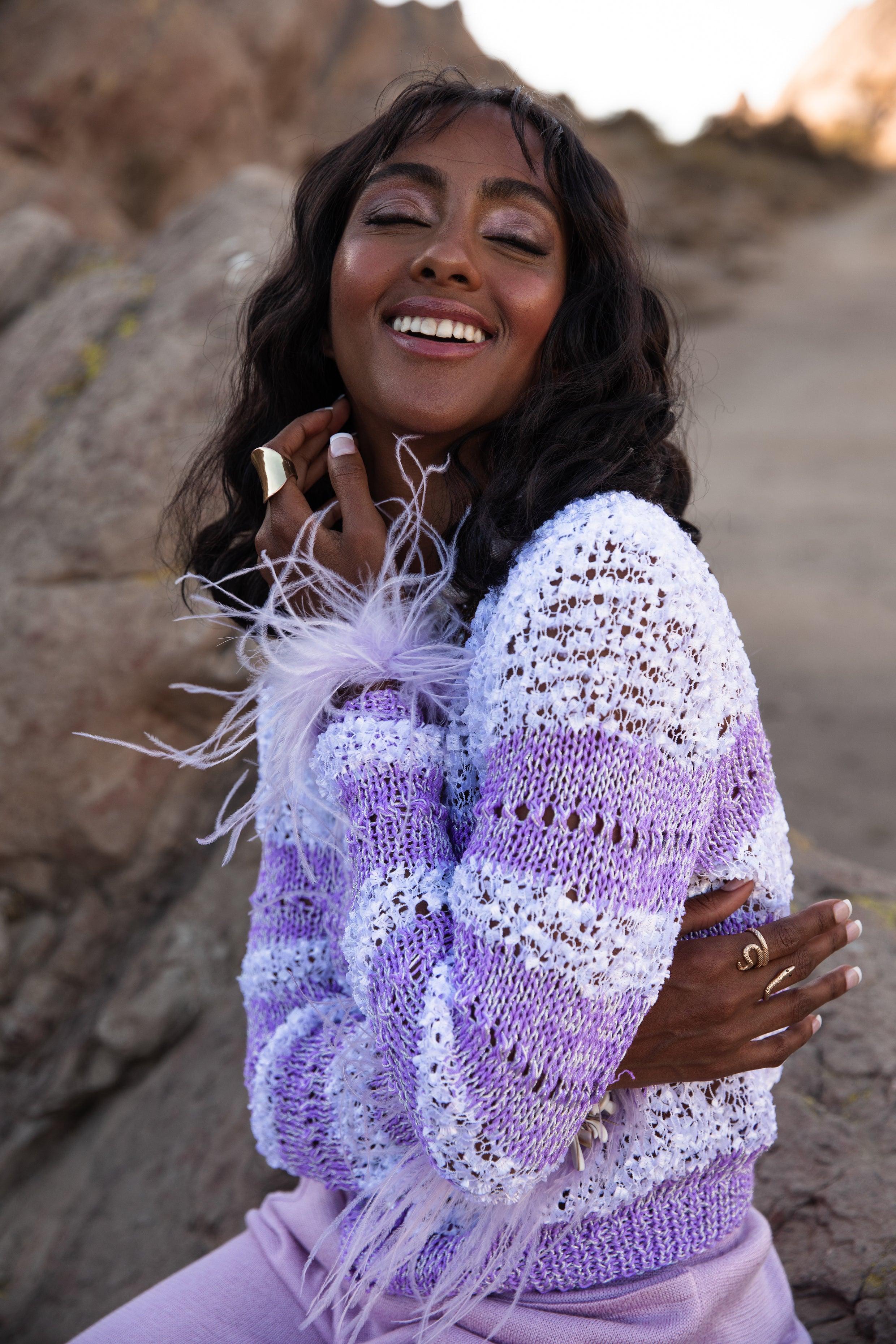 Lavender Handmade Knit Sweater With Pearl Buttons