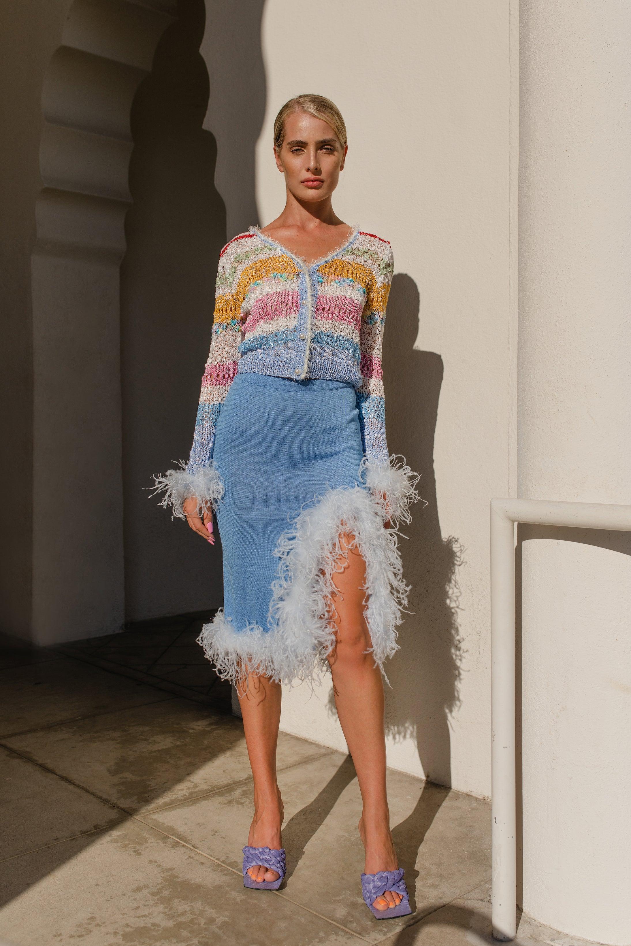 Blue Knit Skirt-Dress With faux feather Details