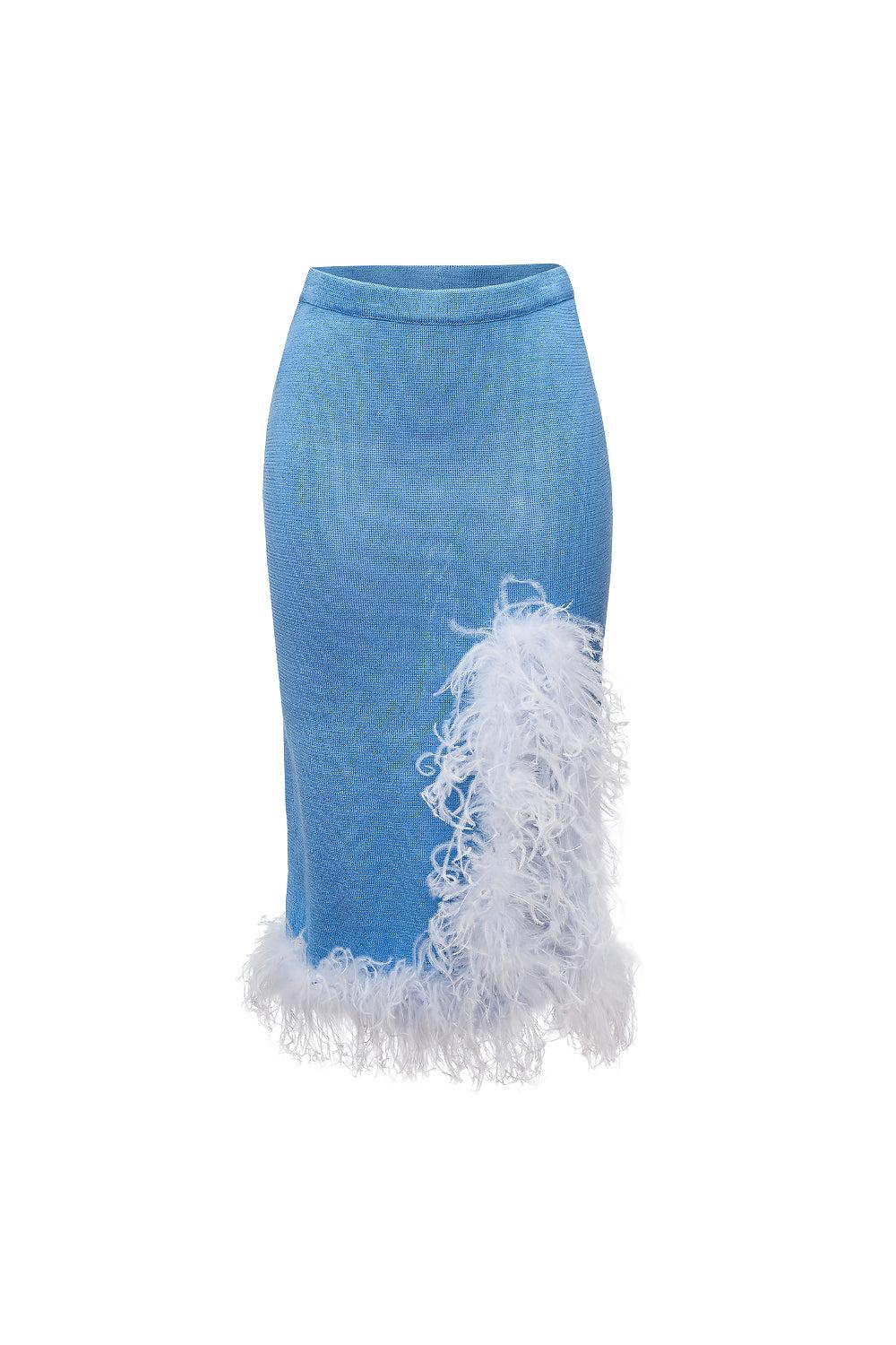 Blue Knit Skirt-Dress With faux feather Details