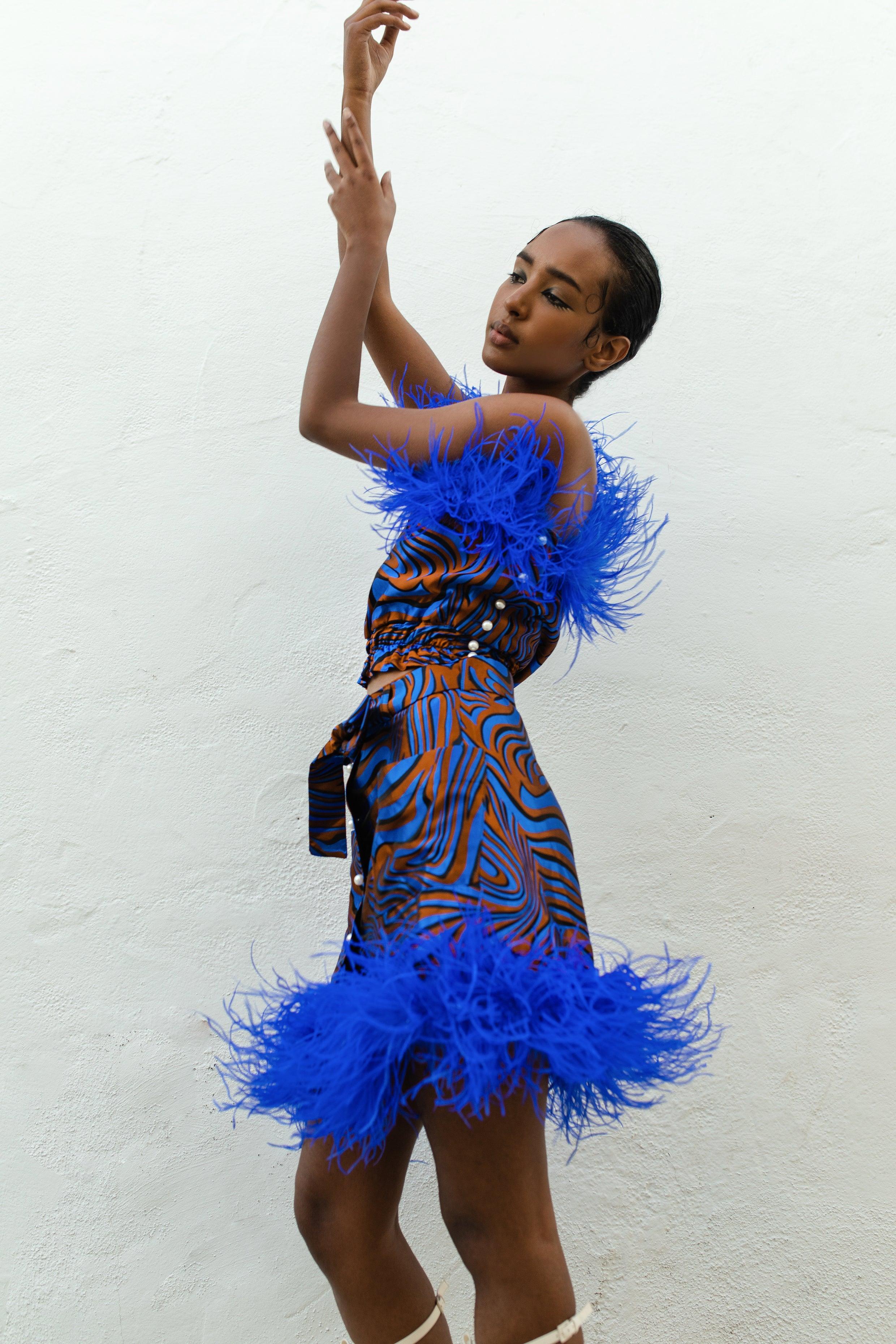 Blue Marilyn Skirt With Feathers Details