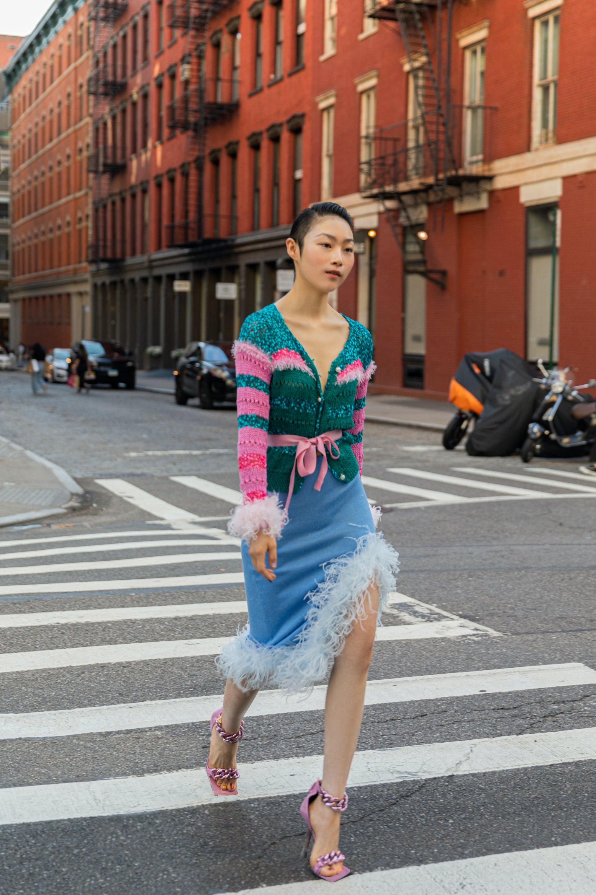 Blue Knit Skirt-Dress With faux feather Details