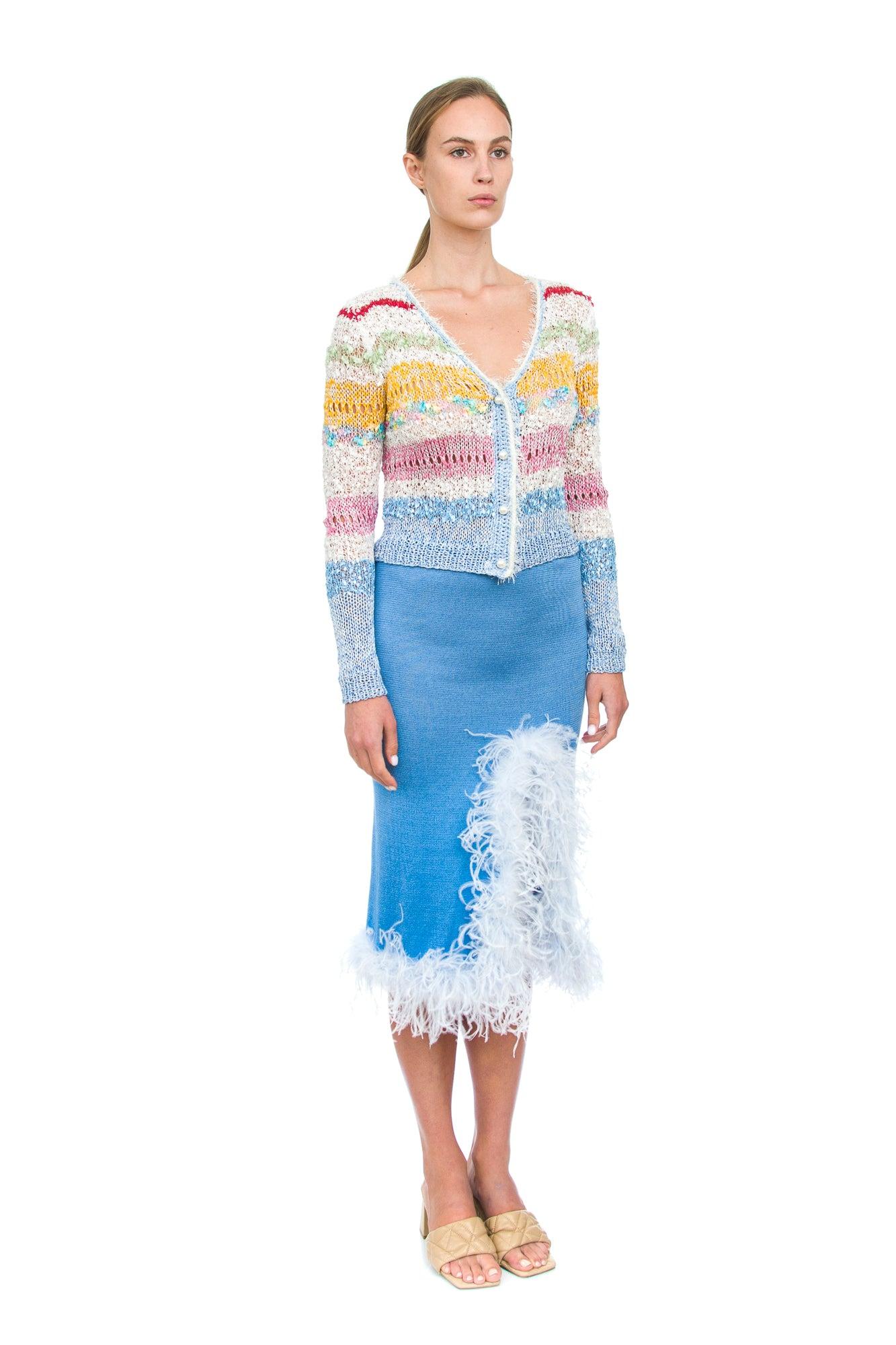 Blue Knit Skirt-Dress With faux feather Details