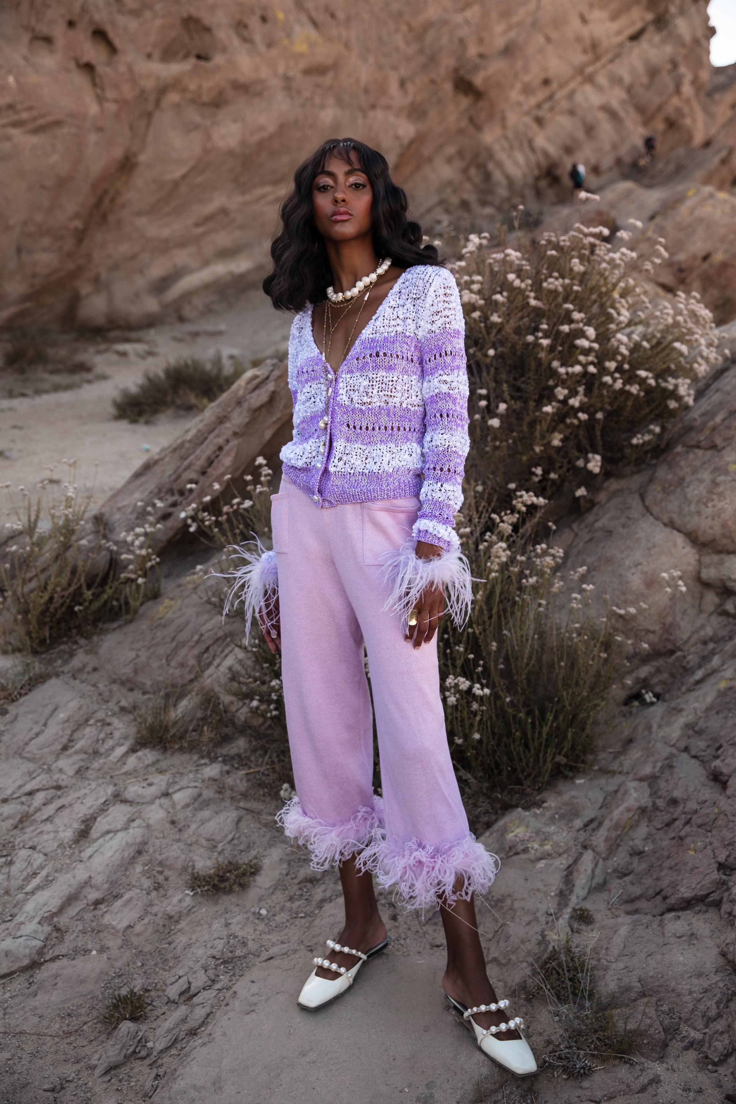 Lavender Handmade Knit Sweater With Pearl Buttons