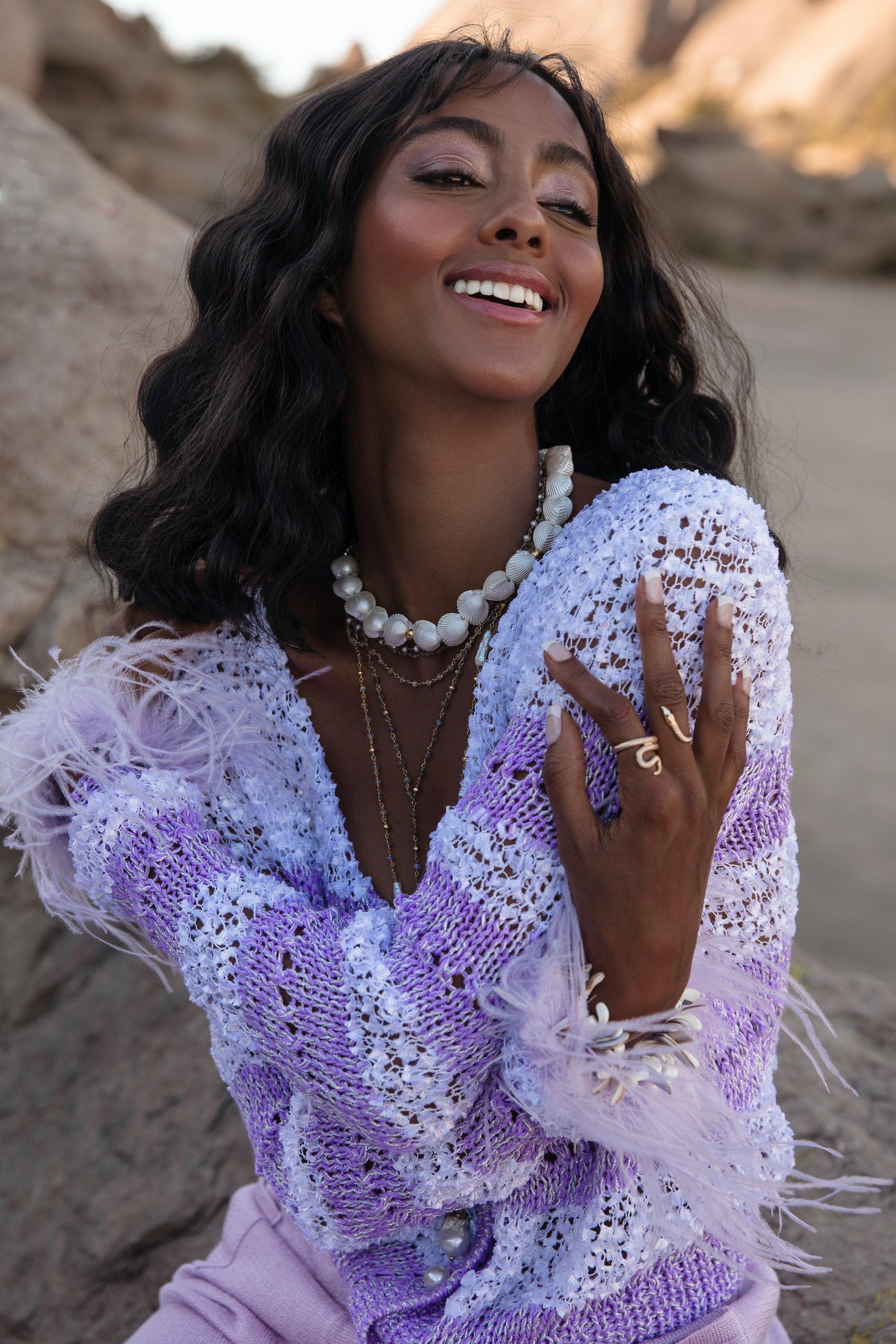 Lavender Handmade Knit Sweater With Pearl Buttons