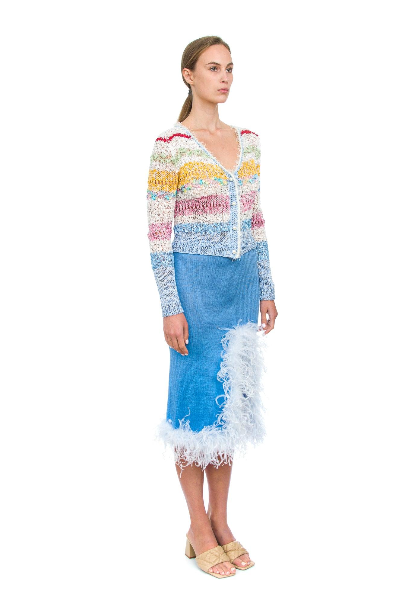 Blue Knit Skirt-Dress With faux feather Details