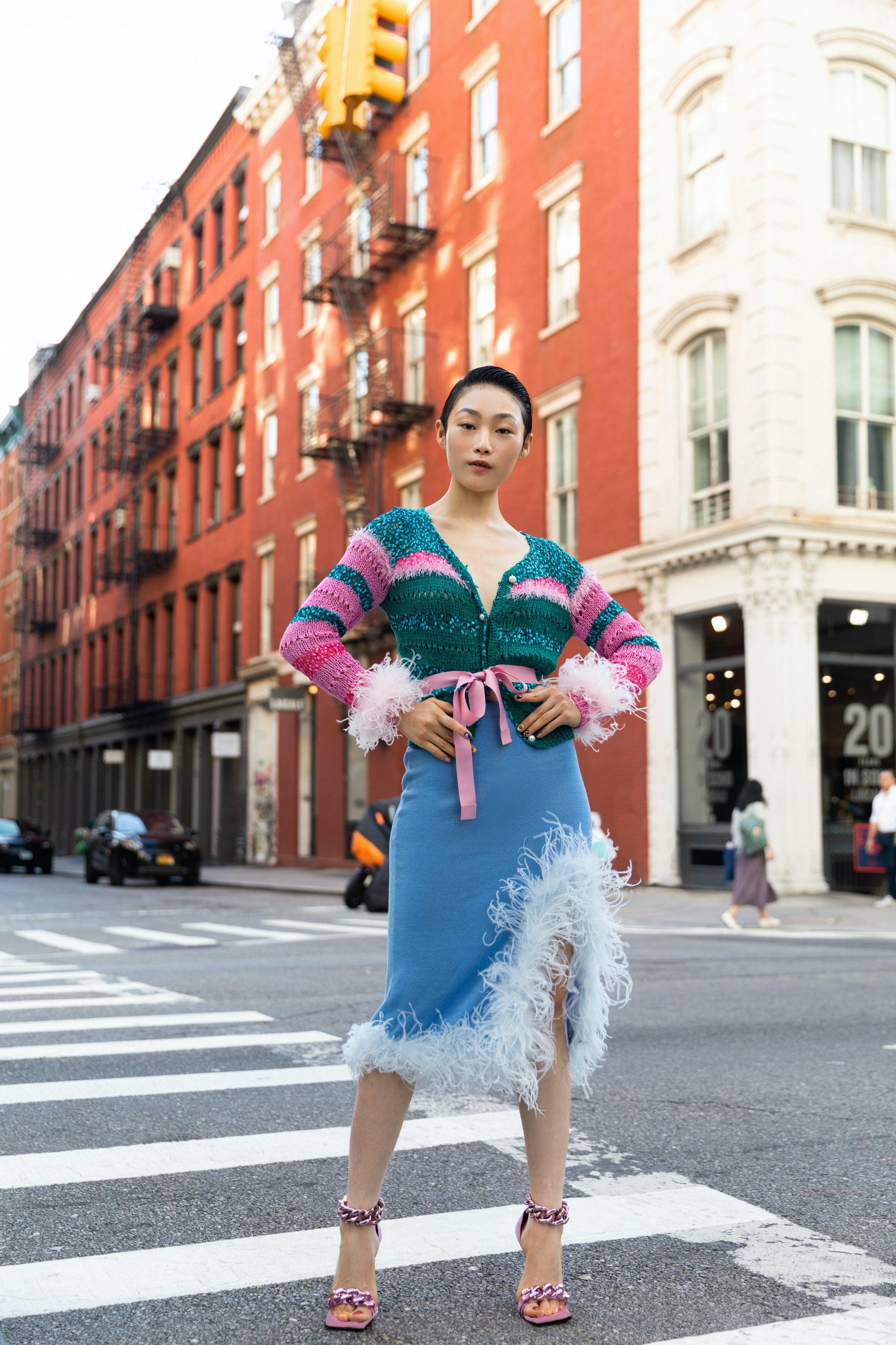 Blue Knit Skirt-Dress With faux feather Details