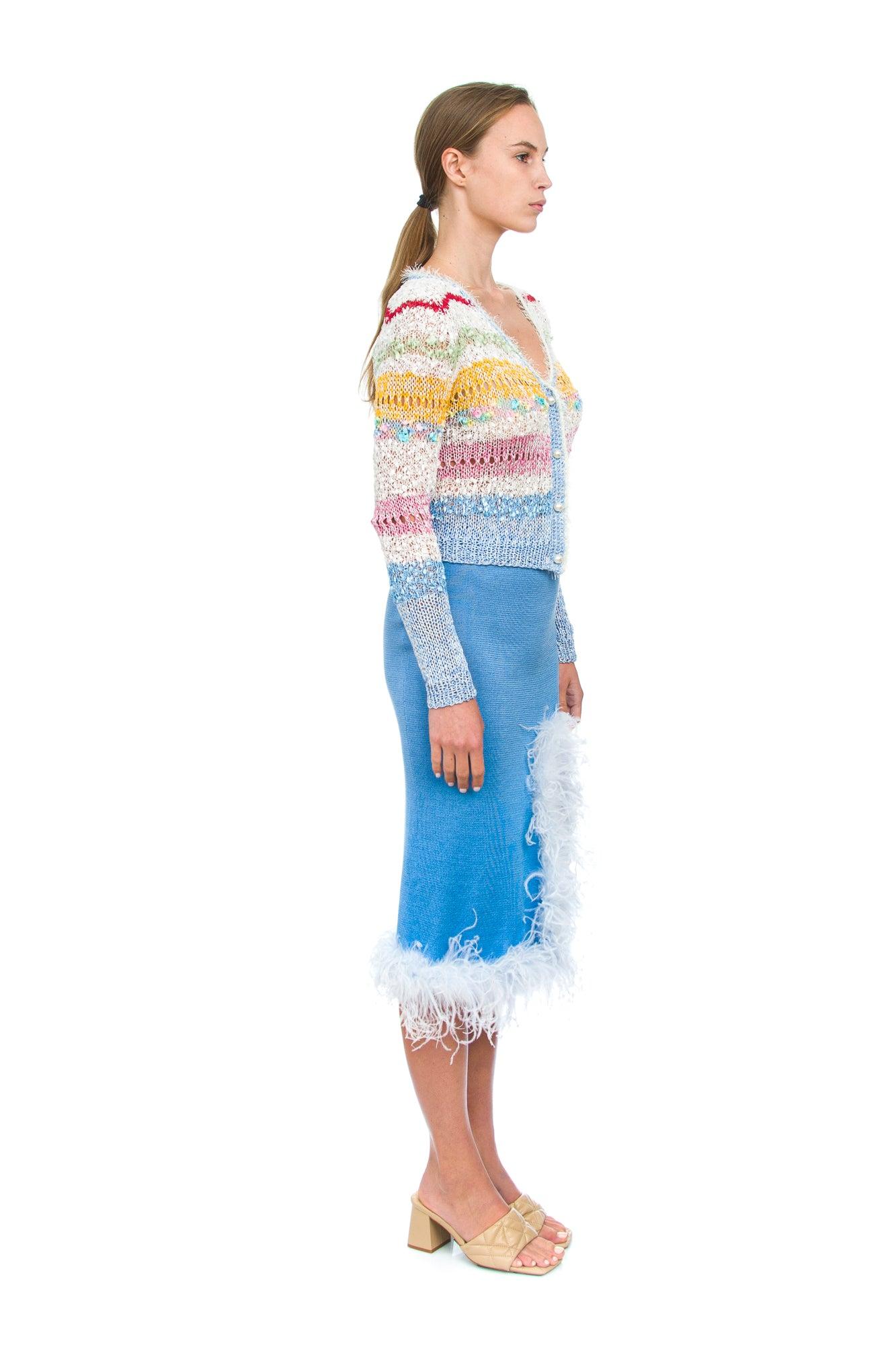 Blue Knit Skirt-Dress With faux feather Details