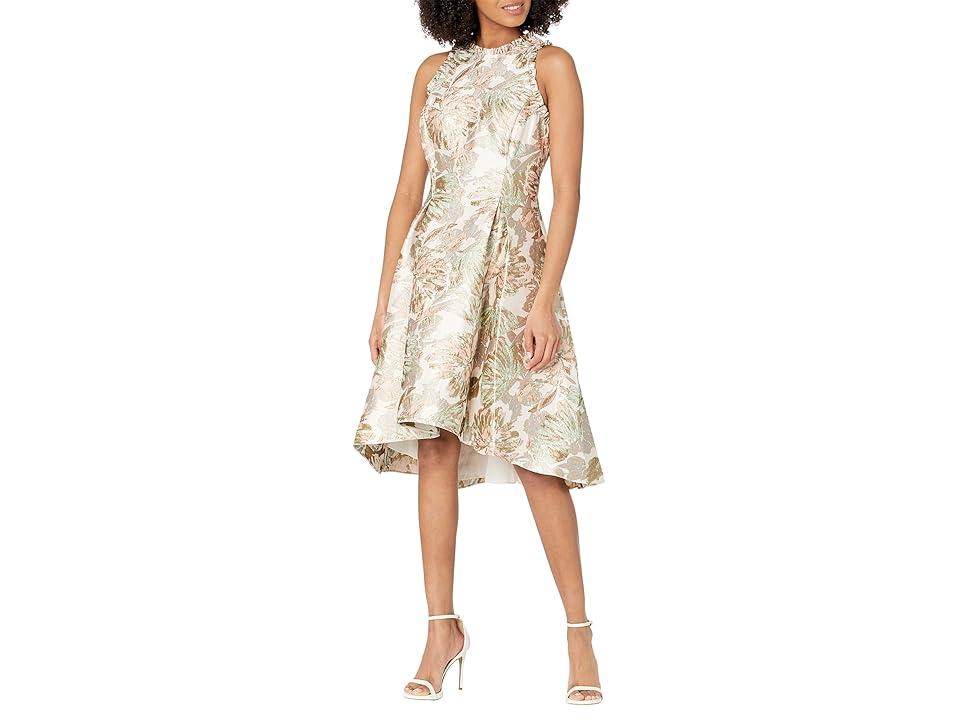 Sleeveless Printed Jacquard Dress with High-Low Hem & Ruffle Detail